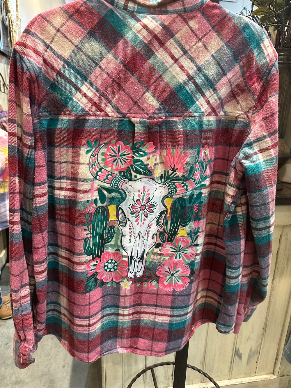 Pink Plaid Flannel Shirt with Floral Skull Back Print custom